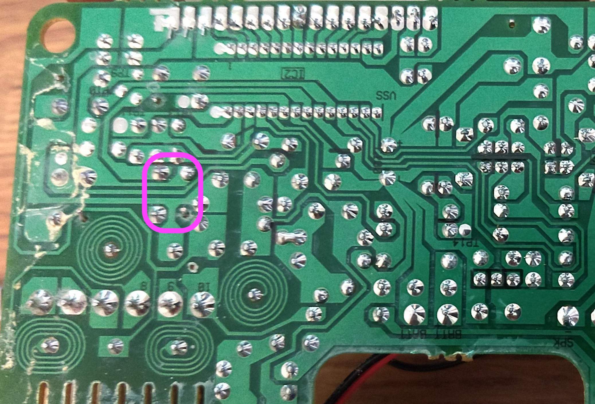 Close-up of the underside of the circuit board